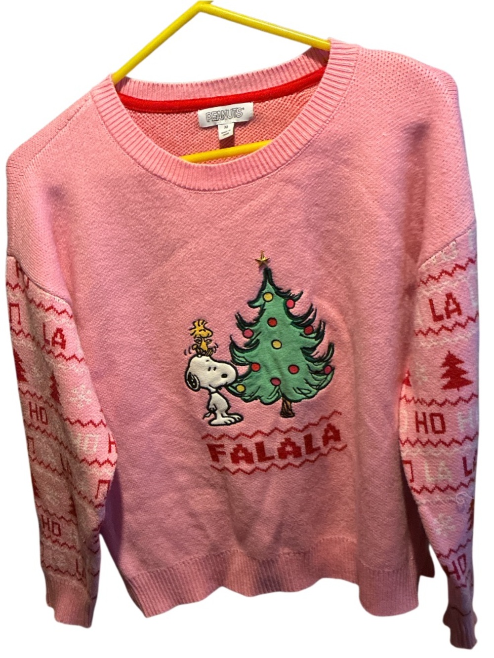 Official Peanuts Snoopy "FALALA" Pink Christmas Knit Sweater - Size Medium